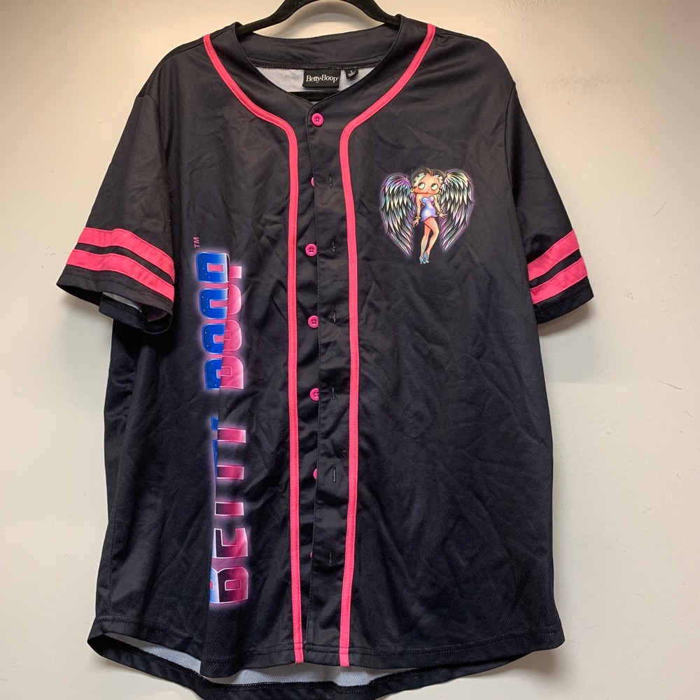Betty Boop Baseball Jersey Women Large Black Pink Excellent Born to Rise Angel